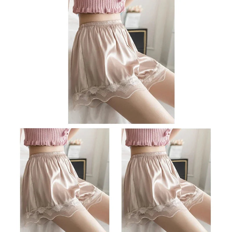 3pcs Women's Summer Lace Underwear Female Thin Soft Satin Knickers In Loose Safety Pants Lady Ice Silk Comfort Home Shorts