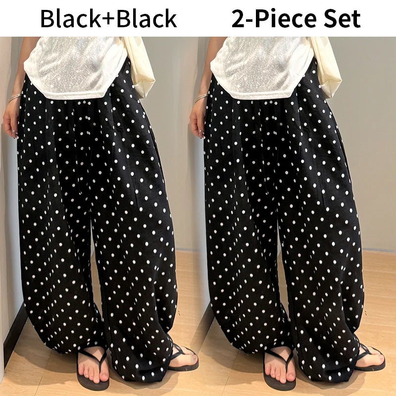 Linen Polka Dot Wide-Leg Pants for Women's Summer, Thin High-Waisted Loose and Laid-Back Style Yamamoto Pants, Casual Straight-L