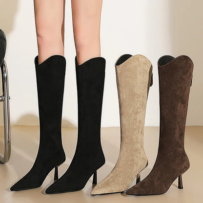 BIGTREE Shoes Fashion Women Knee High Boots Stilettos Heel Pointed Tip High-heeled Boots Back Zipper Long Boots Suede Lady Boots