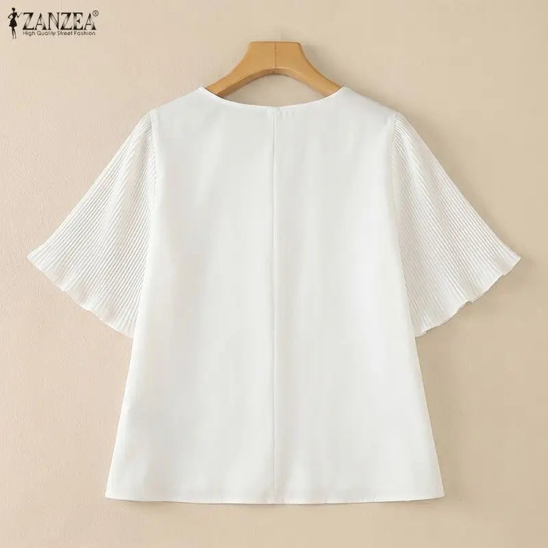 ZANZEA Woman Elegant Pleated Half Sleeves Patchwork Blouses V-Neck Solid Color Tops 2026 Summer Office Work Commute Blusas Mujer