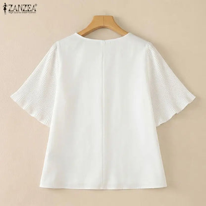 ZANZEA Woman Elegant Pleated Half Sleeves Patchwork Blouses V-Neck Solid Color Tops 2026 Summer Office Work Commute Blusas Mujer