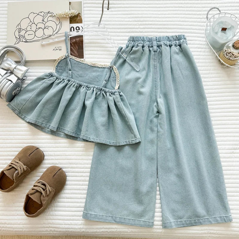 Girls' New Sleeveless Denim Vintage Embroidered Denim Suspender Wide-Leg Pants Two-Piece Set