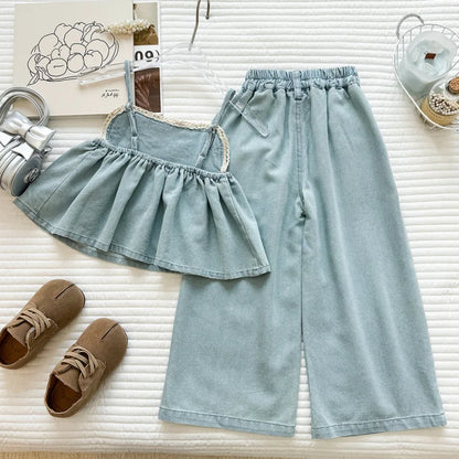 Girls' New Sleeveless Denim Vintage Embroidered Denim Suspender Wide-Leg Pants Two-Piece Set