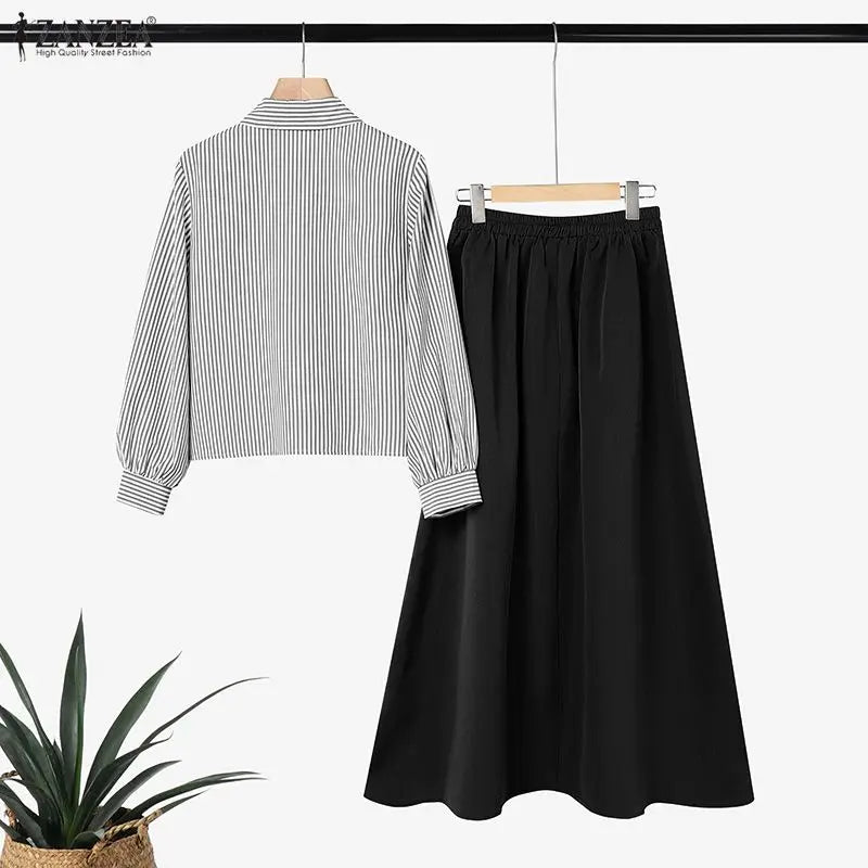 ZANZEA 2PCS Women Muslim Matching Sets Elegant Long Sleeve Striped Shirt Dress Suit Ramadan Outfits Fashion Hijab 2 Pieces Sets