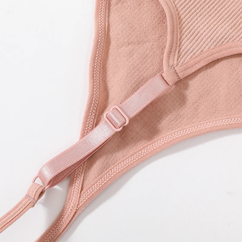 Women Ribbed V-Neck Wireless Bra Solid Color Knit Bralette Stretch Thin Straps Liner-Free No Chest Pads Lingerie Daily Intimates