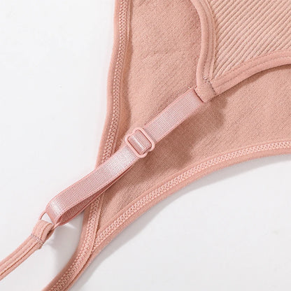 Women Ribbed V-Neck Wireless Bra Solid Color Knit Bralette Stretch Thin Straps Liner-Free No Chest Pads Lingerie Daily Intimates