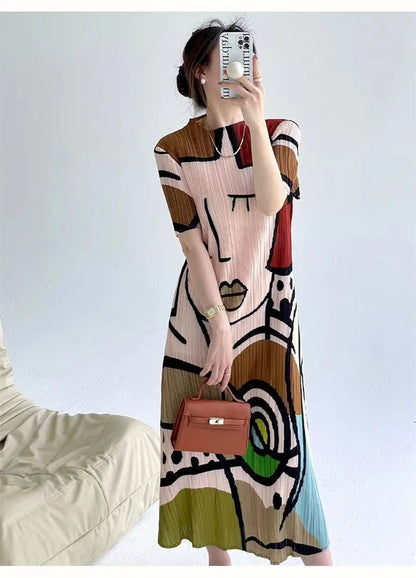 Long Dresses Womens Dresses Spring and Summer new Cartoon Printing Short Sleeve Temperament Fashion Loose Long Dress Female