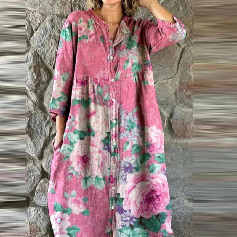 Bohemian Loose Single Breasted Dress Women's Casual O-neck Pocket Commuting Dress Spring Summer Floral Print Long Sleeved Dress