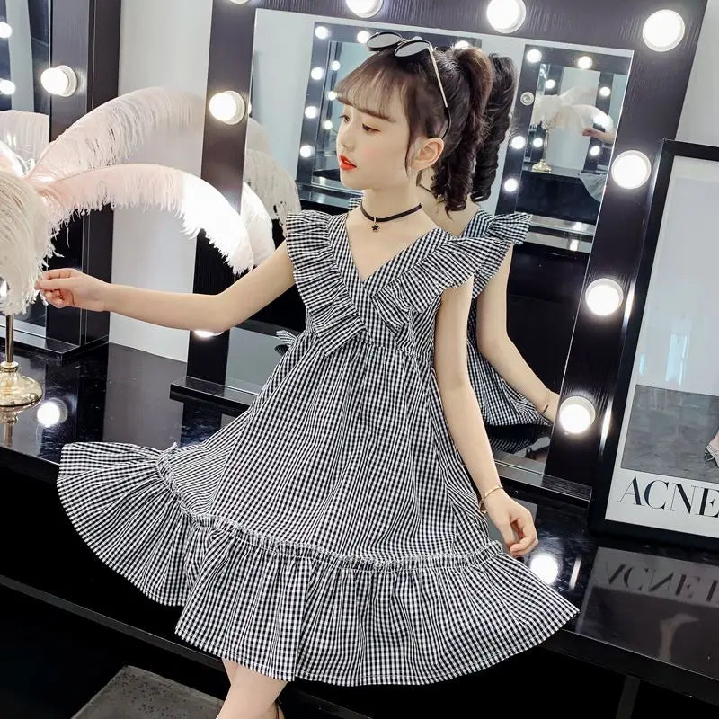 Preppy Cotton Dress 2025 Children's Clothing Elegant Dresses Girl Sets Birthday Summer Clothes Elementary Student Beach Girls