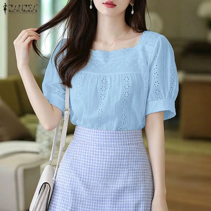 ZANZEA Openwork Embroidered Blouses for Woman Elegant Lace Trim Square Neck Tops Summer Feminine Short Puff Sleeve Blusas Mujer