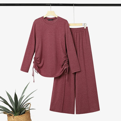 ZANZEA Autumn Long Sleeve Side Tie Knit Tops With Wide Leg Pants Women Muslim 2 Piece Sets Modest Casual Solid Islamic Outfits