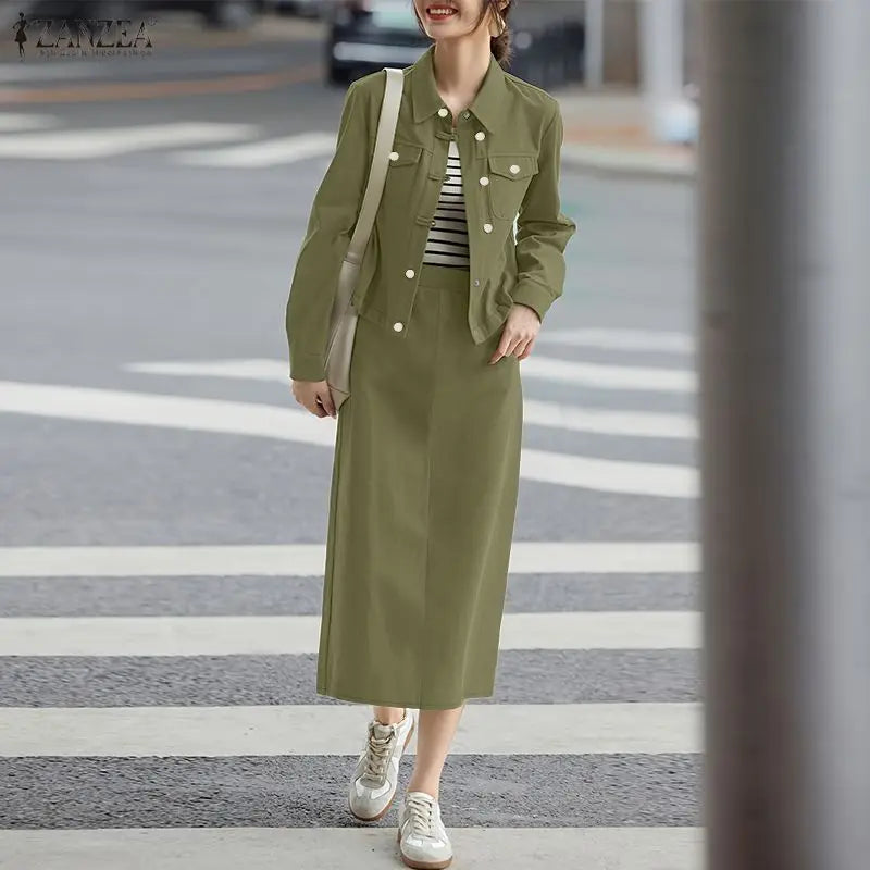 ZANZEA Fashion Women's Skirt Suits Autumn Long Sleeve Jackets and Elastic Waist Midi Skirts 2 Piece Sets Outfits Woman Clothes