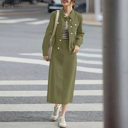 ZANZEA Fashion Women's Skirt Suits Autumn Long Sleeve Jackets and Elastic Waist Midi Skirts 2 Piece Sets Outfits Woman Clothes