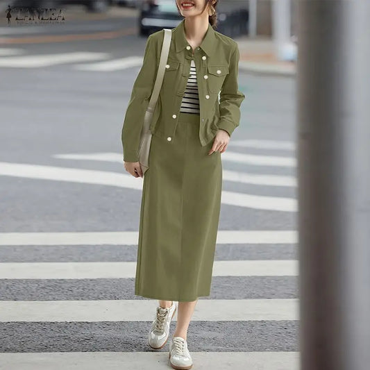 ZANZEA Fashion Women's Skirt Suits Autumn Long Sleeve Jackets and Elastic Waist Midi Skirts 2 Piece Sets Outfits Woman Clothes