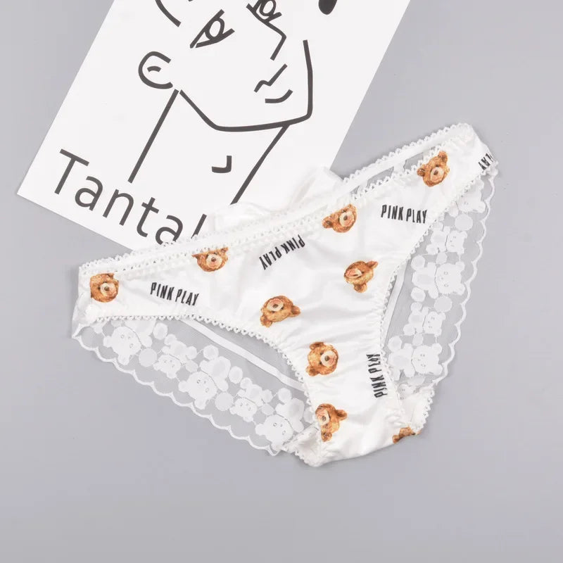 Couple Panties Set Sexy Lace Ice Silk Fabrics Underwear Men's Boxers Cartoon Bear Print Panties set Women's Briefs 1 PCS