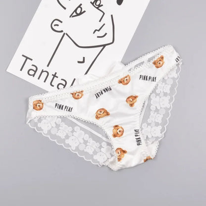 Couple Panties Set Sexy Lace Ice Silk Fabrics Underwear Men's Boxers Cartoon Bear Print Panties set Women's Briefs 1 PCS