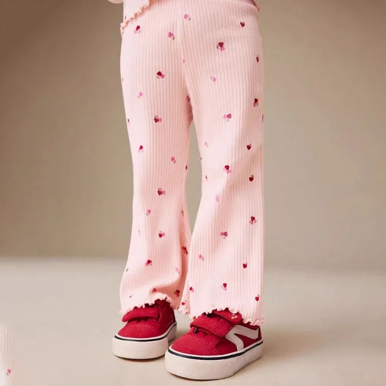 Girls' Flare Pants Spring Autumn 2026 Kids' Comfortable Printed Heart Motif Fashion Casual Long Pants