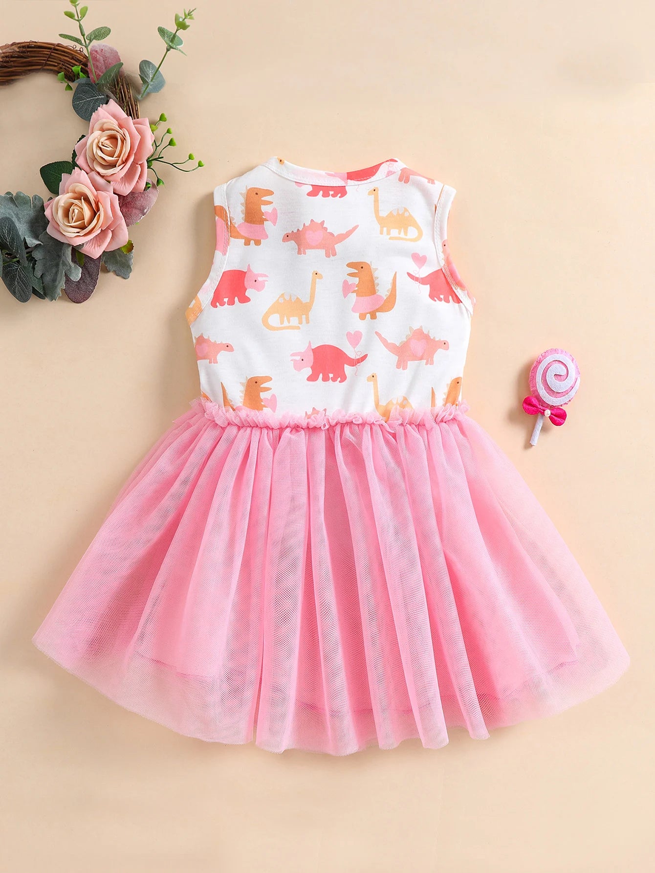Summer Toddler Girls Dress Cute Cartoon Dinosaur Print Sleeveless Tank Dresses with Bow Mesh Tulle Tutu Skirts Kids Outfits 1-6Y