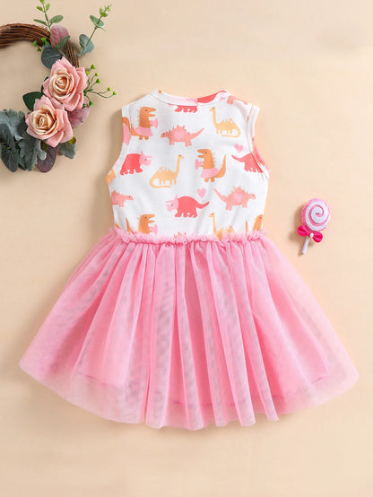 Summer Toddler Girls Dress Cute Cartoon Dinosaur Print Sleeveless Tank Dresses with Bow Mesh Tulle Tutu Skirts Kids Outfits 1-6Y