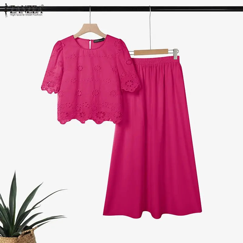 ZANZEA Women's Summer Casual Skirt Suits Openwork Embroidered Short Sleeve Tops and A-Line Long Skirts 2 Pieces Sets Outfits 3XL