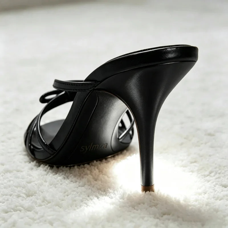Fashion Bow Detail Cage-style Mule Sandals Women Luxury Metallic-effect Black Heels Elegant Round-toe Stiletto Women's Slippers
