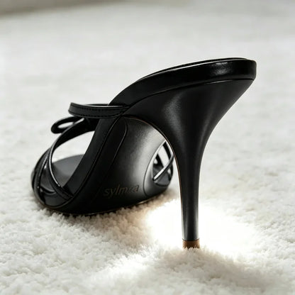 Fashion Bow Detail Cage-style Mule Sandals Women Luxury Metallic-effect Black Heels Elegant Round-toe Stiletto Women's Slippers