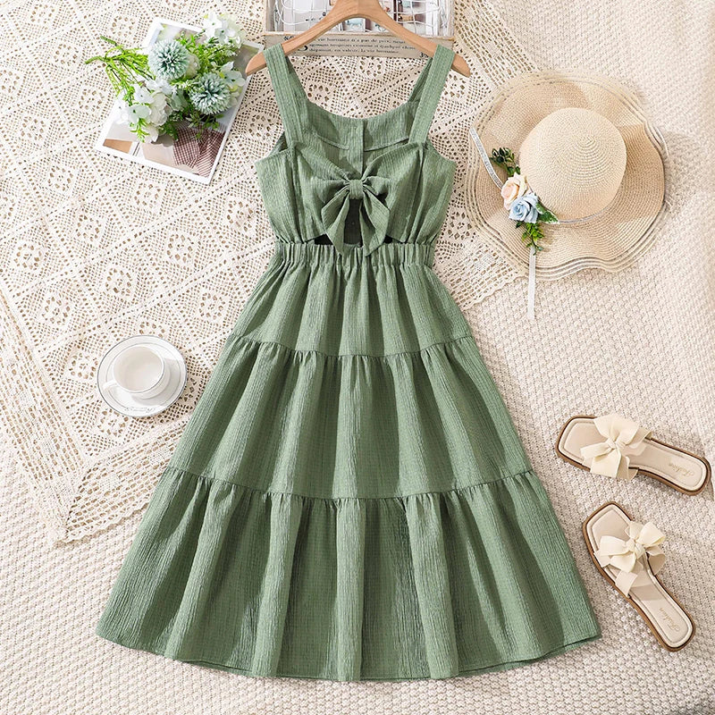 Girls 8-12 Green Summer Dress, Sleeveless Tiered Design with Back Bow & Elastic Waist, Casual Kids Wear