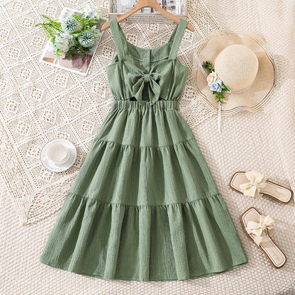Girls 8-12 Green Summer Dress, Sleeveless Tiered Design with Back Bow & Elastic Waist, Casual Kids Wear