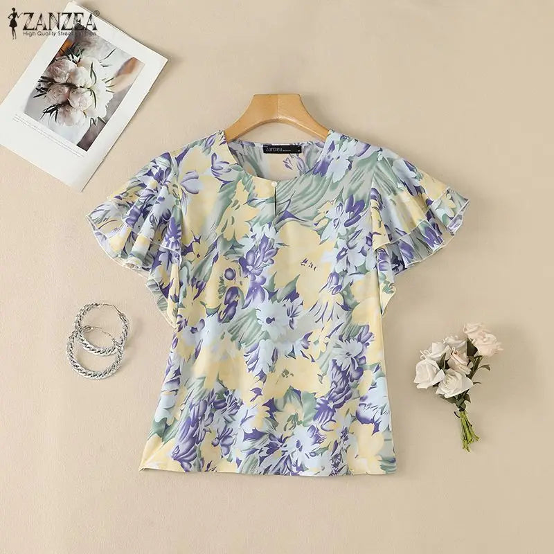 ZANZEA Summer Women Blouses Ruffles Short Sleeve Tops Fashion Print Tops Streetwear OL Work Party Blusas Oversize Tunic S-3XL
