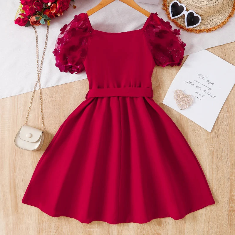 Summer Cute Girl Mesh Sleeves Round Neck Princess Dress Children's Wedding Birthday Party Girl Detachable Belt Red Fluffy Dress