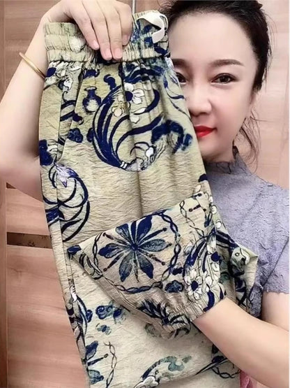 Summer Thin Cotton Linen Floral Casual Pants Women High Waist Nine Points Ice Silk Loose Fit Trousers for plus Size Ladies