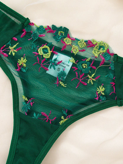 Green Floral Embroidery Lingerie Set 2PCS Sheer Mesh Bra & Panty Women Sexy Underwear Gift ZA824026