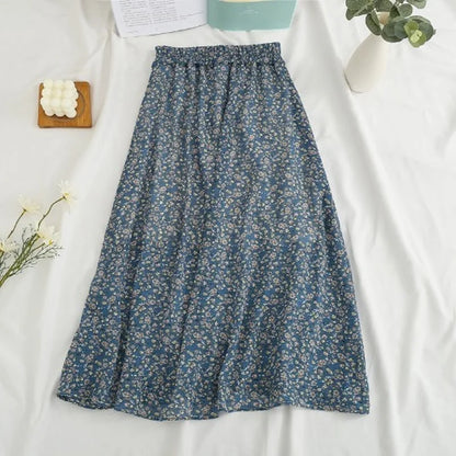 Summer Skirts Womens Vintage Floral Printed Chiffon Skirts Elastic High Waist Casual Midi A-Line Beach Skirts