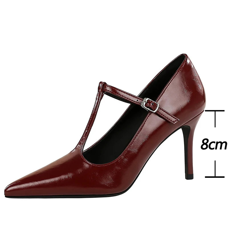 BIGTREE Shoes Women Pumps T-shaped High-Heeled Shoes Stiletto 8 cm Heels Hollow Pointed Tip High Heels Occupation Office Shoes