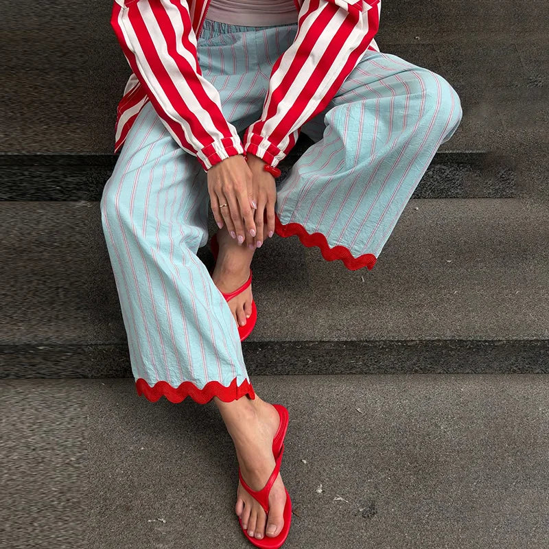 Loose Stripe Women'e Long Pants Summer Elastic Waist Contrast Ruffle Wide Leg Pant For Women 2026 Fashion Casual Lady Trousers