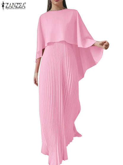 ZANZEA Spring Solid Party Work Dress Sets 2pcs Women Outfits Fashion Poncho Blouse Pleated Sundress Elegant Loose Matching Sets