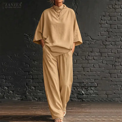 ZANZEA Stylish Autumn 2 Pieces Sets Turtleneck 3/4 Bating Sleeve Oversize Blouse Trousers Suit Women 2PCS Outfits OL Tracksuit