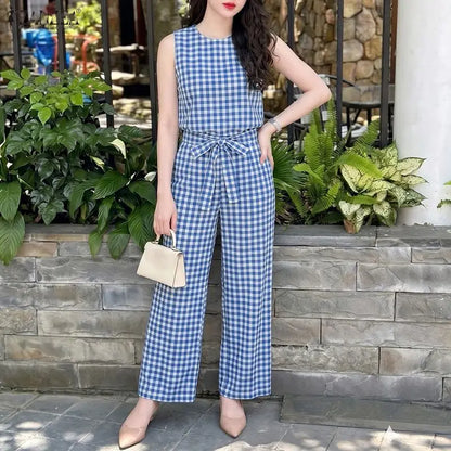 ZANZEA Women Summer Gingham 2 Piece Pant Sets Casual O-Neck Tank Top & Belted Pant Suits Everyday Wear Commute 2pcs Sets Outfits