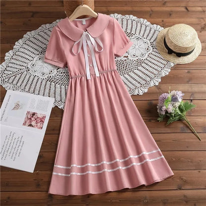 2026 Summer Peter Pan Collar Kids Girls A-LINE Short Sleeve Princess Teenager Bow Striped Dresses JK Student 4 8 9 10 12 14 Year
