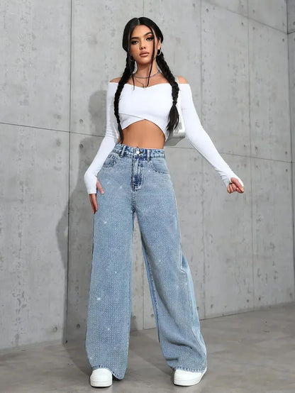 Womens Plus Size Loose Jeans Casual Straight Denim Pants Elastic Stretch Comfort Fit Decorated with Beaded Embroidery Jeans