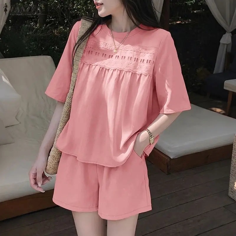 ZANZEA Women Casual 2 Pieces Sets O-Neck Half Sleeve Lace Patchwork Blouse & Elastic Waist Shorts Solid Color Loose Suits Outfit