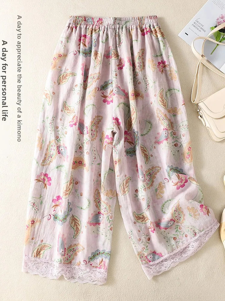 Artistic Casual Pants Women Summer Loose Versatile Retro Print Wide Leg Pants High Waist Straight Tube Geometric Pattern