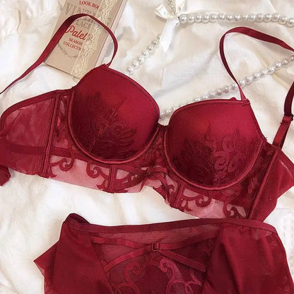 YUQI Red Lingerie Set for Wedding Bride,Push-Up Bra To Make Small Breasts Look Larger, Side Support, Dragon Zodiac Year  Bra Set