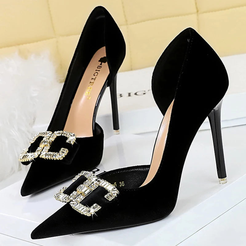 Women 7 Cm And 10.5 Cm Heels Metal Buckle Women Pumps Rhinestone Luxury Banquet Shoes Sexy High Heels Female Stiletto Size 43