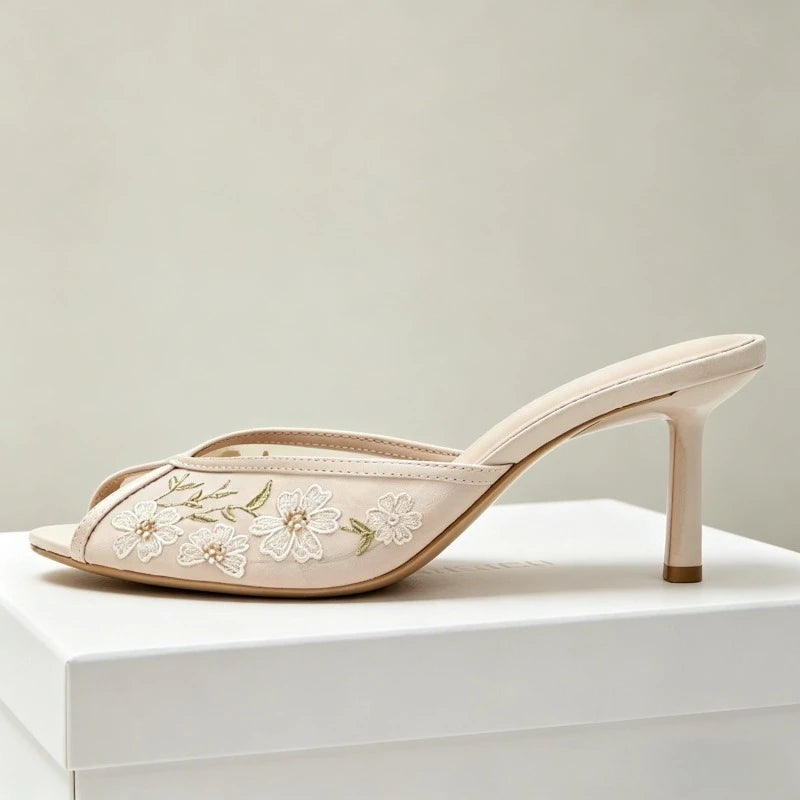 Hand Embroidered Floral Detail Mesh Women's Slippers Sexy Peep-toe Heeled Sandals for Ladies Summer Street Style Designer Heels