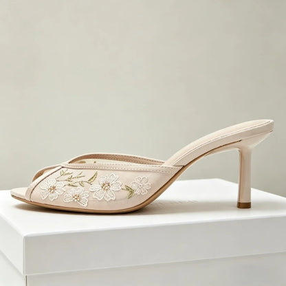 Hand Embroidered Floral Detail Mesh Women's Slippers Sexy Peep-toe Heeled Sandals for Ladies Summer Street Style Designer Heels
