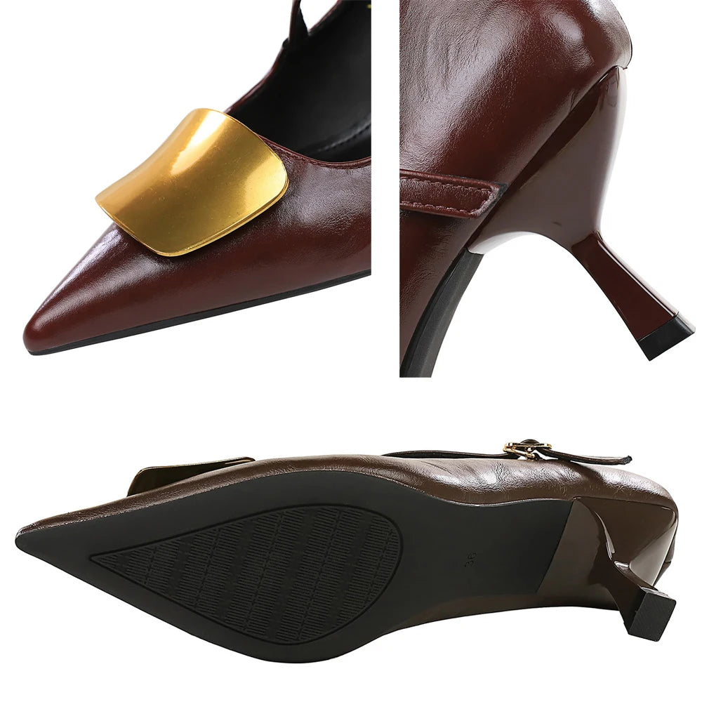 BIGTREE Shoes Metal Decoration Women Pumps Kitten Heels 6 cm Pointed Women Shoes Stiletto Retro Middle Heel Shoes Banquet Shoes
