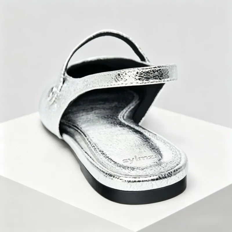 Luxury Metal Grain Design Flat Sandals Women Fashion Gold Silver Slingback Slippers for Girls Cute Summer Comfortable Beach Shoe