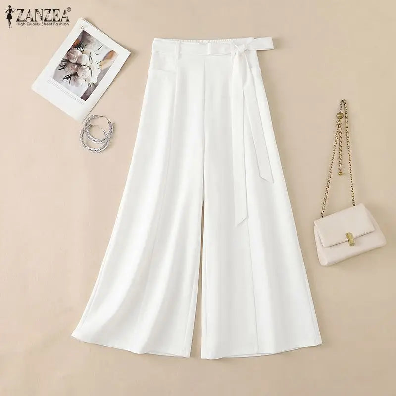 Women Plus Size 5XL Flowy Wide Leg Pants Loose High Waist Belted Trousers ZANZEA Autumn Office Work Solid Casual Palazzo Pants