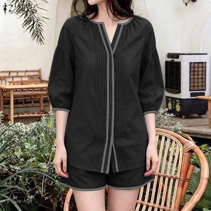 ZANZEA Women's Casual Short Sets Summer 3/4 Lantern Sleeve Contrast Trim V-Neck Shirt & Elastic Waist Shorts 2pcs Suits Outfits